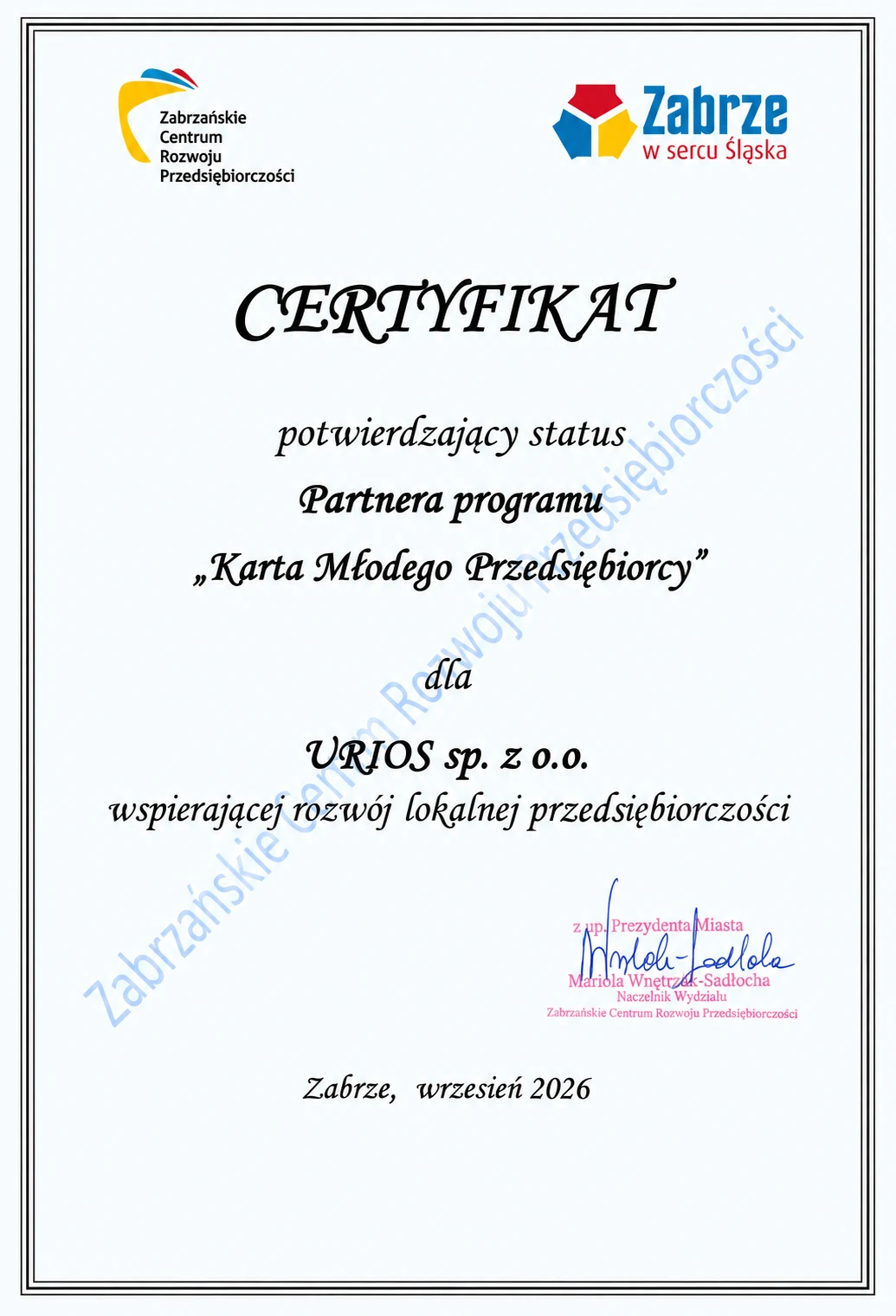 Certyfikat potwierdzający status Partnera programu „Karta Młodego Przedsiębiorcy” dla URIOS sp. z o.o., Zabrzańskie Centrum Rozwoju Przedsiębiorczości, Zabrze, wrzesień 2026